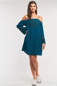 Teal Green Off-the-shoulder Flare Long Sleeve Square Neck Crochet Embroidery Mini Dress - Tomato Superstar