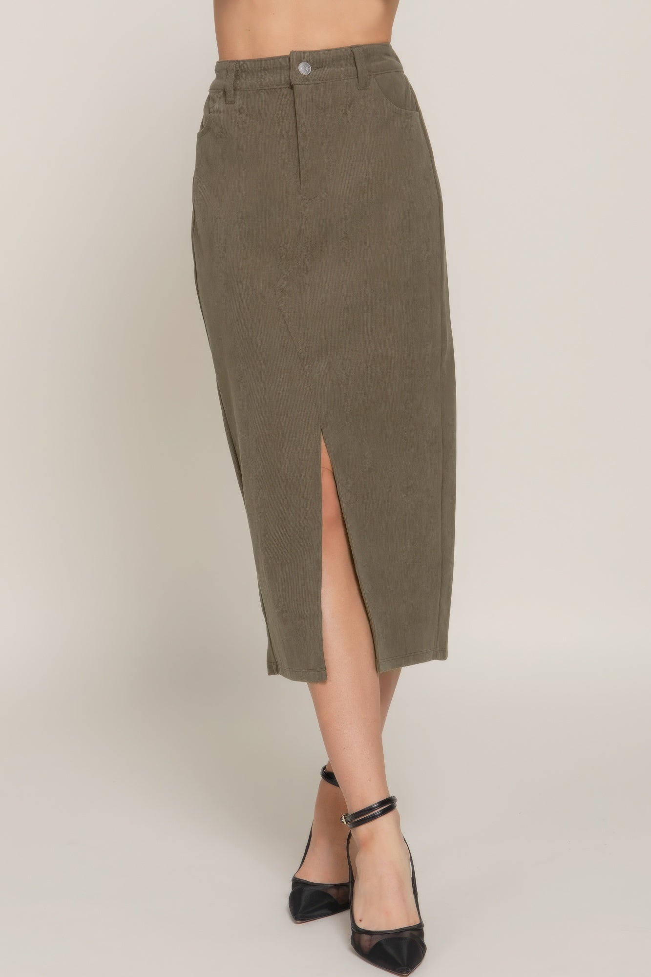 Front Open Slit Corduroy Midi Skirt – Tomato Superstar