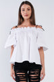 White Cotton Relaxed Fit Stretchy Ruffle Hem Off-the-shoulder Top With Black Self Tie Strings - Tomato Superstar