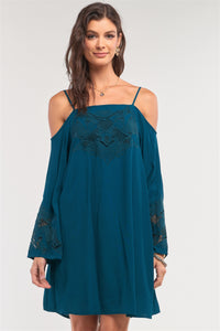 Teal Green Off-the-shoulder Flare Long Sleeve Square Neck Crochet Embroidery Mini Dress - Tomato Superstar
