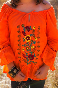 Orange Embroidered Off the Shoulder Tunic Blouse - Tomato Superstar